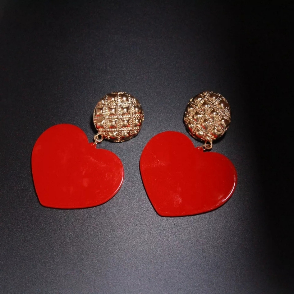Red Oversized 80's Statement Heart Earrings